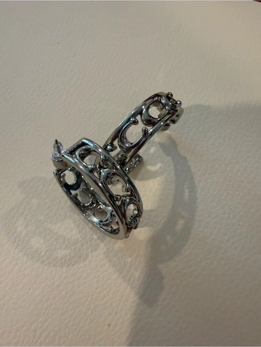 Coach Silver-Tone Cutout Hoop Earrings with Black Interior - Picture 4 of 4